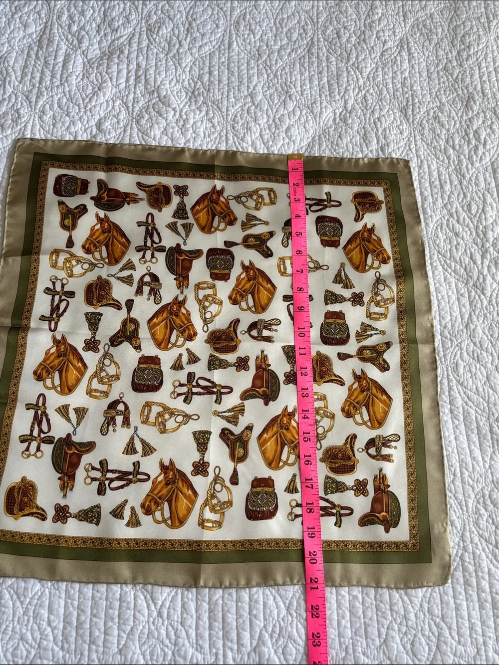 Unbranded Equestrian Motif Print Silk Scarf Ivory Gold & Olive Handmade
